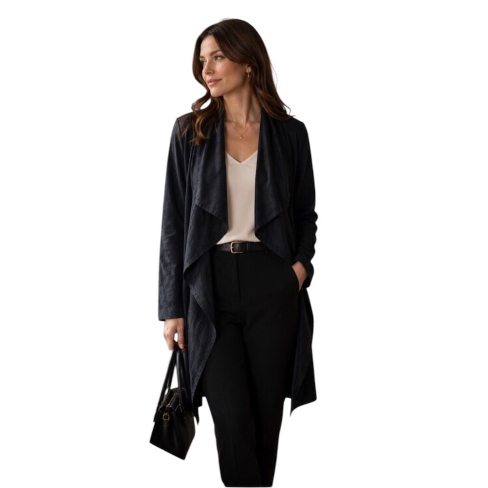 NWT Adrianne Vittadini Black Faux suede Draped open front blazer Jacket Sz XS